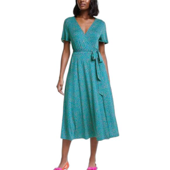 Boden Cassia Teal Speckle V-Neck Short Sleeve Jersey Knit Fit & Flare Wrap Dress - Picture 15 of 15